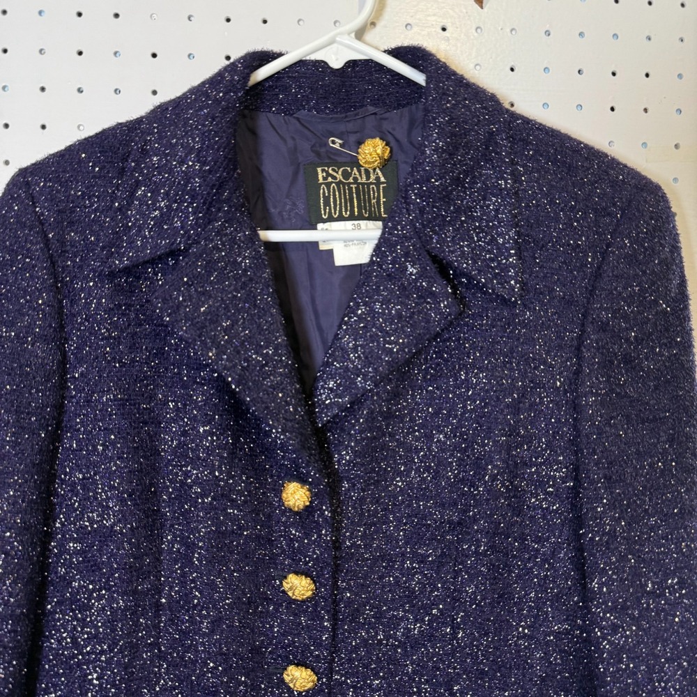 Escada Couture Tweed Blazer Women's 38 (6) Purple Sparkly Wool‎ Jacket Vintage - Picture 2 of 13
